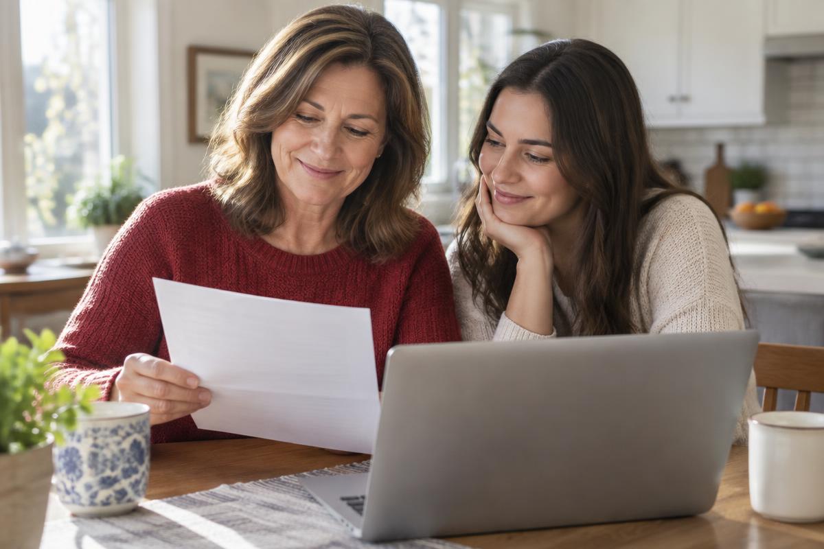 A mother and daughter reviewing paperwork together at home